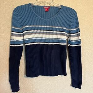 Outlooks Women’s M Vintage Blue & White Striped Ribbed V-Neck Knit Sweater